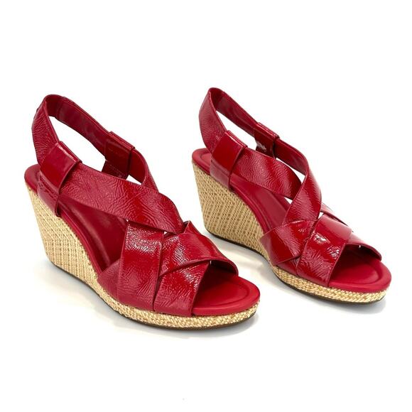 Cole Haan Platform Wedge Sandal Size 9.5 Red Leather Beige Jute Sling Back Comfy - Picture 15 of 16